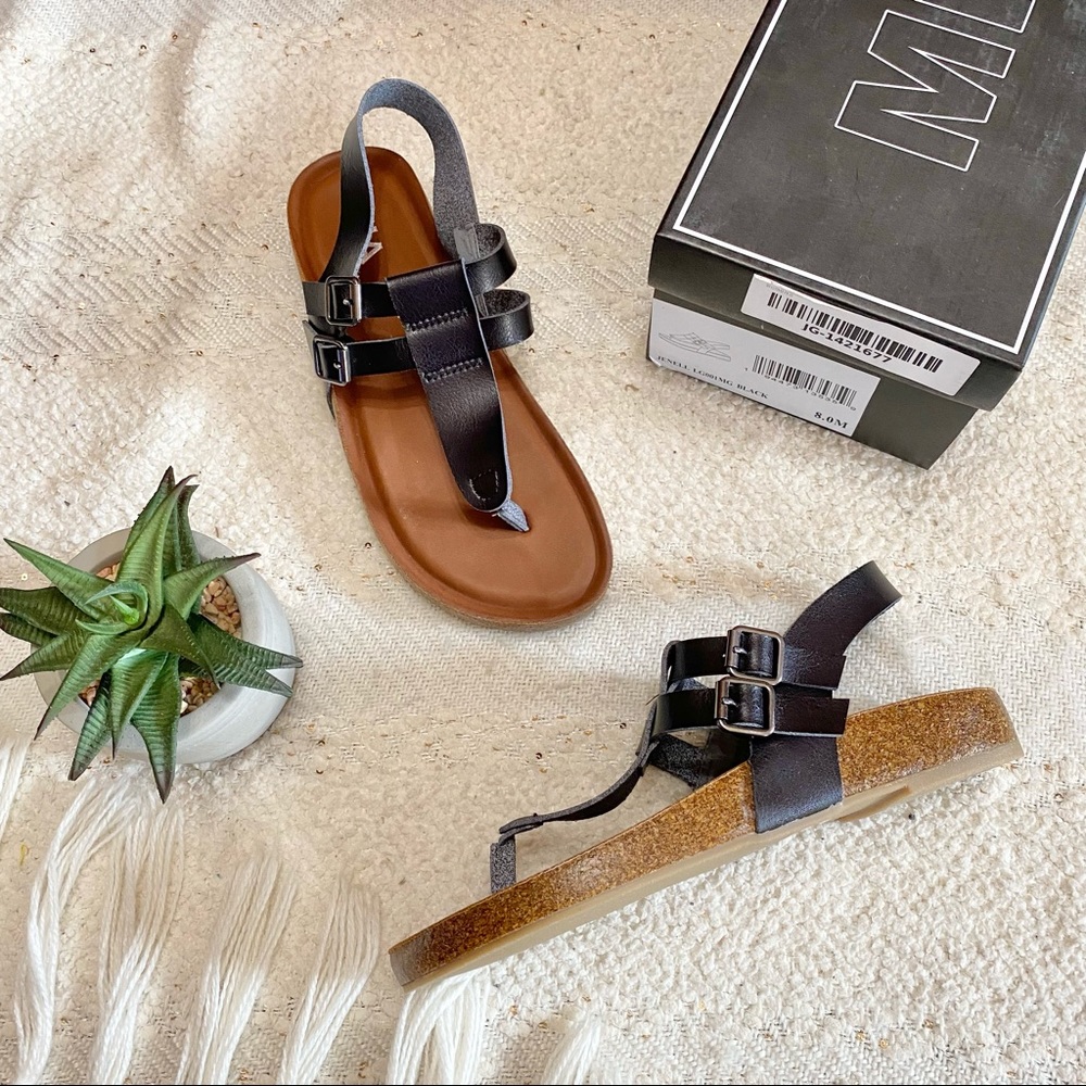NEW! MIA Jenell black faux leather thong buckle slingback sandals
